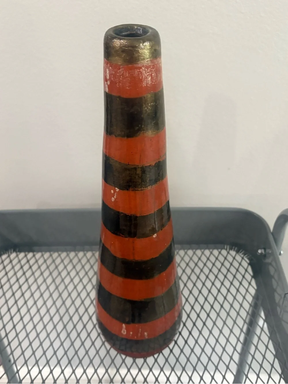 Orange and gold striped vase unbranded with crazing issues